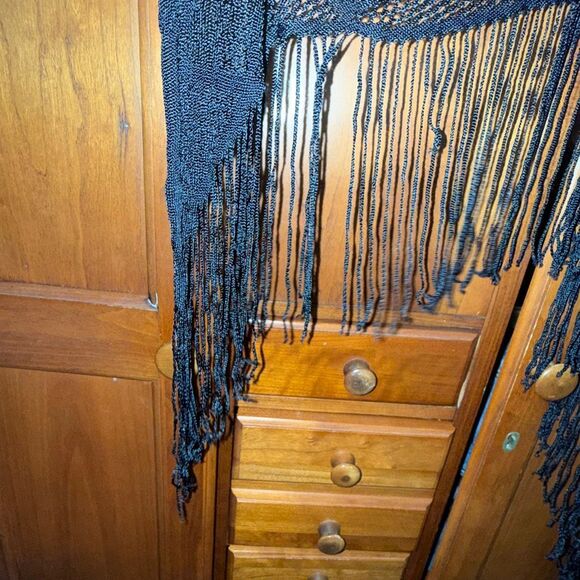 Black Fringe Knit Shawl Wrap | Boho Triangle Scarf | 82x35 + 7” Fringe - Picture 11 of 12